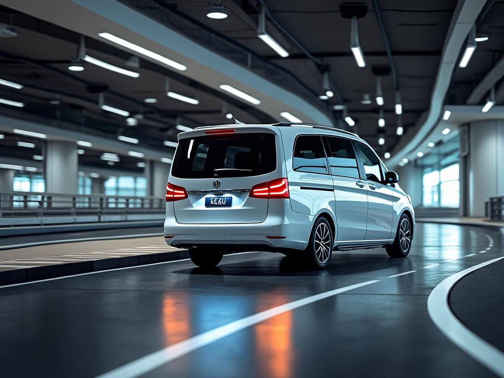 Furgoneta blanca conduciendo en un estacionamiento subterráneo moderno.