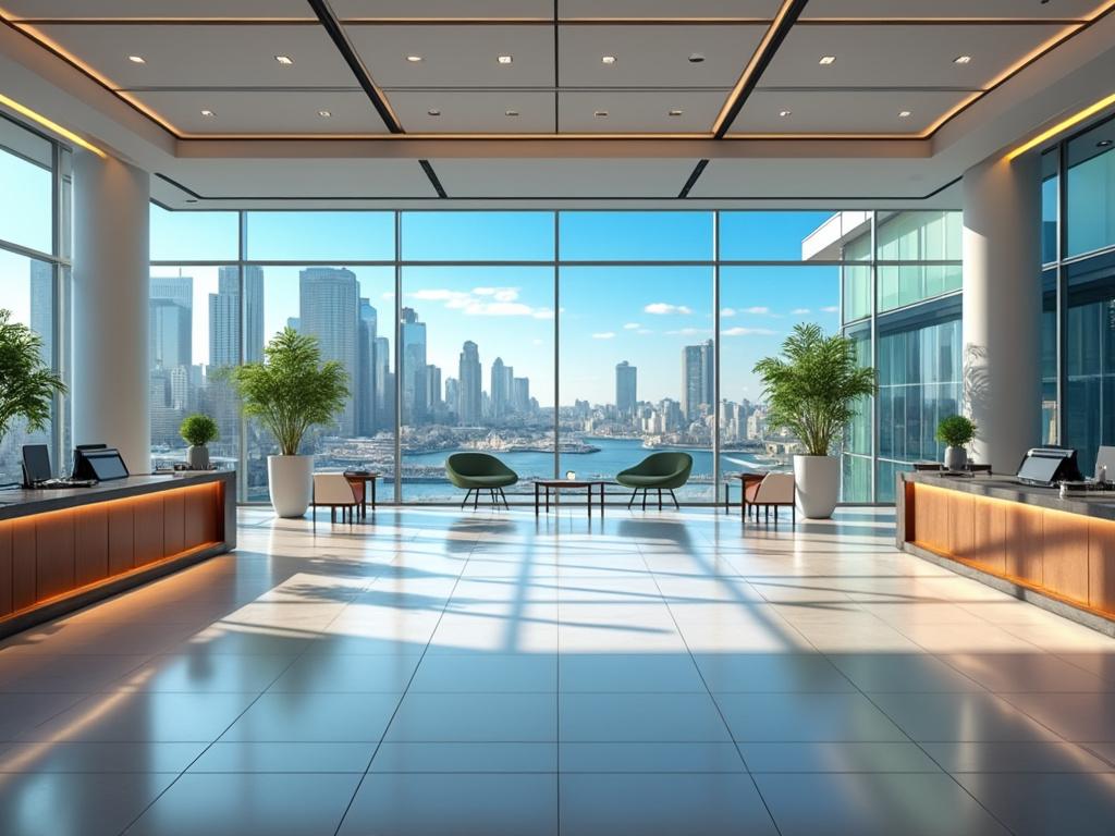 Moderna recepción de oficina con vista panorámica de la ciudad y decoración minimalista.