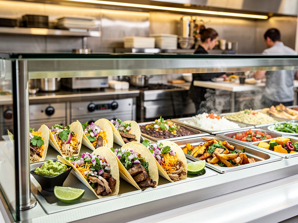 Tacos mexicanos con carne, guacamole y limas en mostrador de restaurante con guarniciones frescas Tacos mexicanos con carne, guacamole y limas en mostrador de restaurante con guarniciones frescas