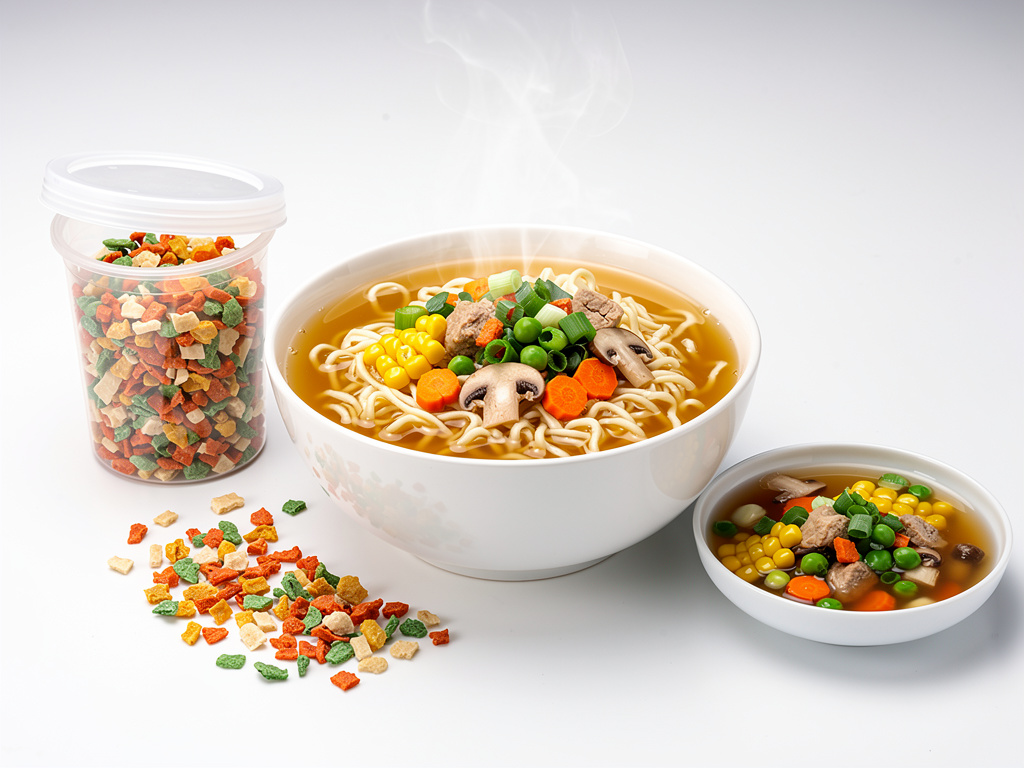 Steaming bowl of instant noodle soup with vegetables, mushrooms, corn, peas and seasoning mix container