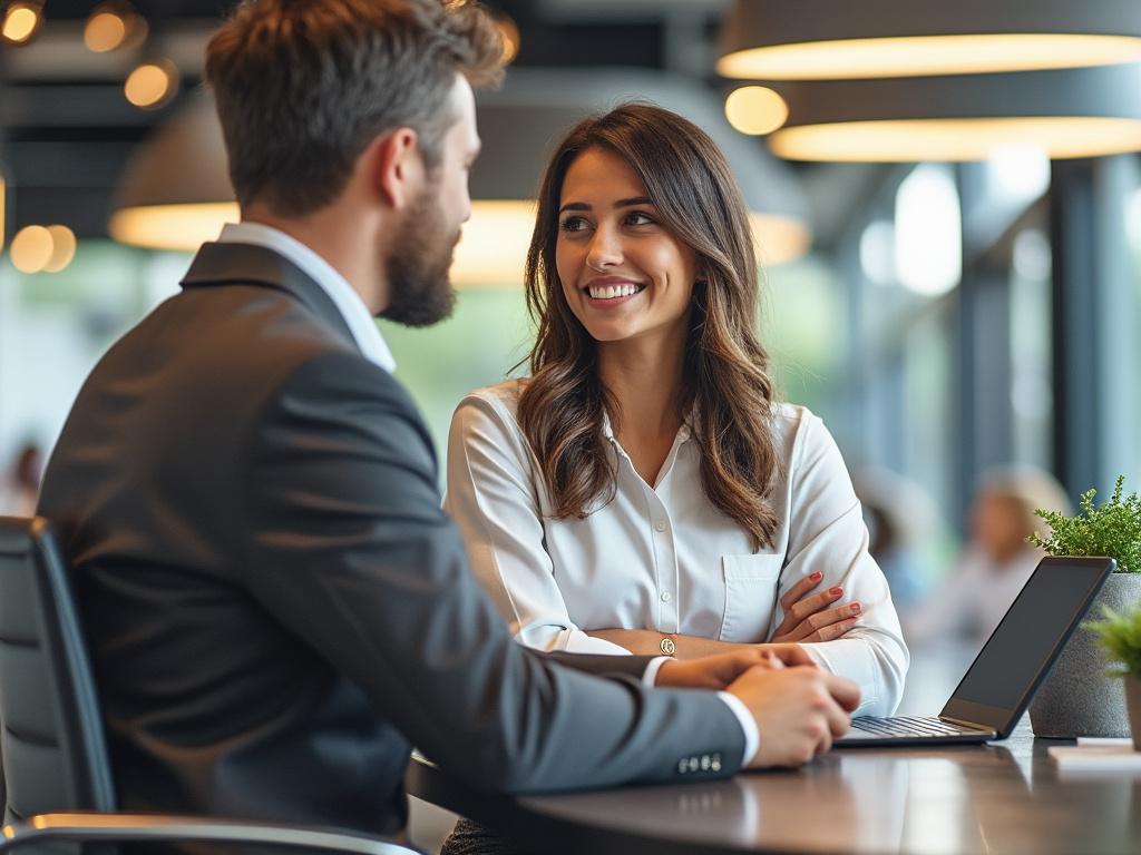 Two professionals engaged in a conversation at a modern office with a laptop on the table, smiling and dressed in business attire.