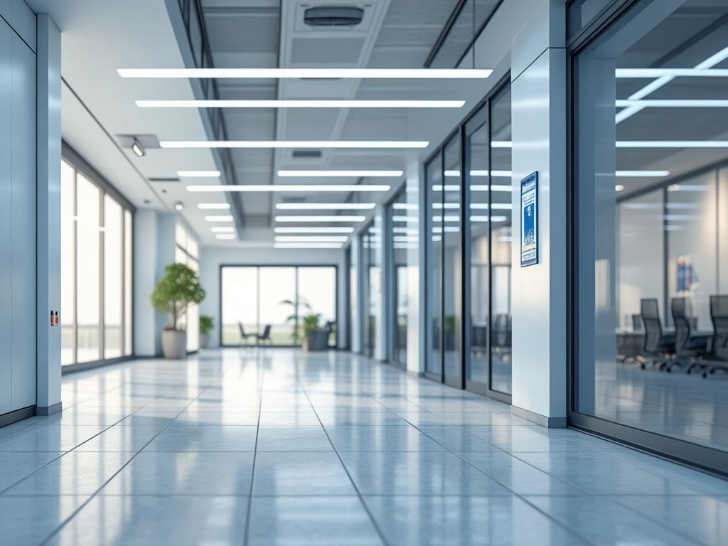 Pasillo interior moderno con oficinas de vidrio y planta decorativa, iluminado por luz natural.