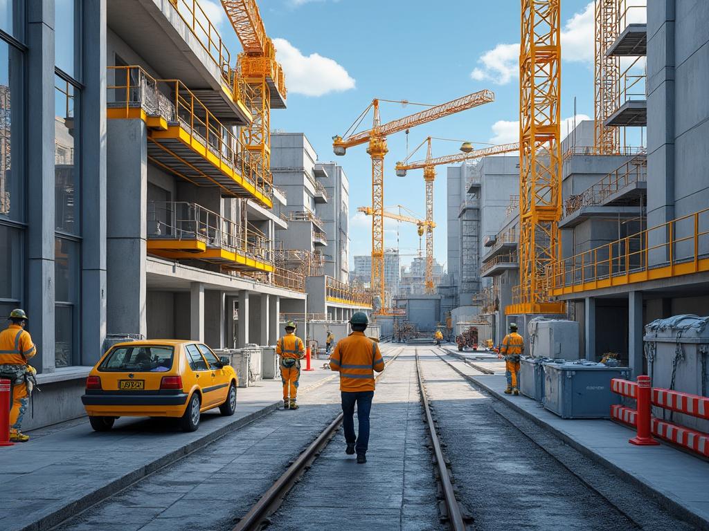Obreros de construcción trabajando en un sitio urbano con grúas amarillas y estructuras modernas.