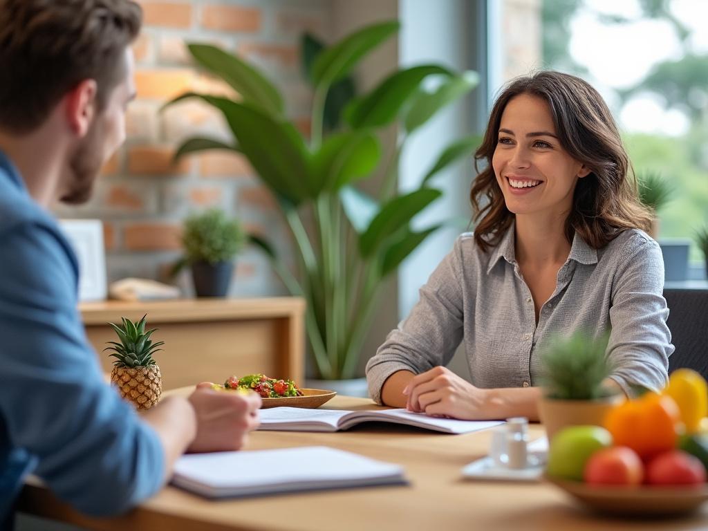 Two people having a casual meeting at a table with fruits and plants in a modern office setting.