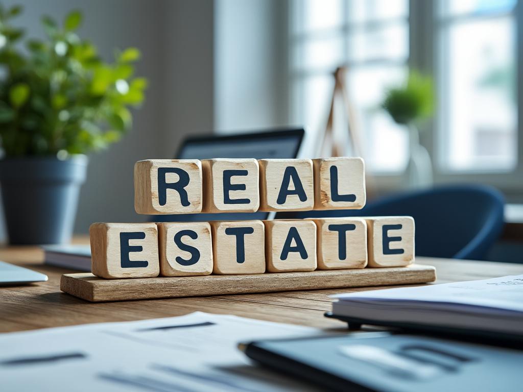 Bloques de madera con las palabras 'Real Estate' en un escritorio moderno con plantas y muebles de oficina al fondo.
