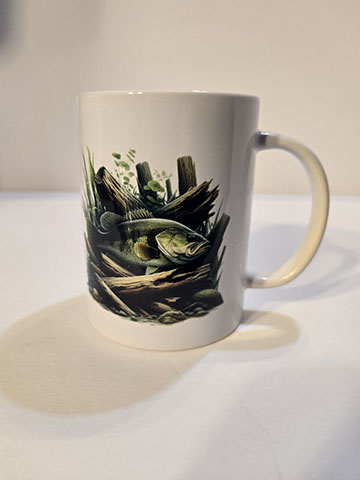 15oz ceramic mug featuring a bass in cover desing