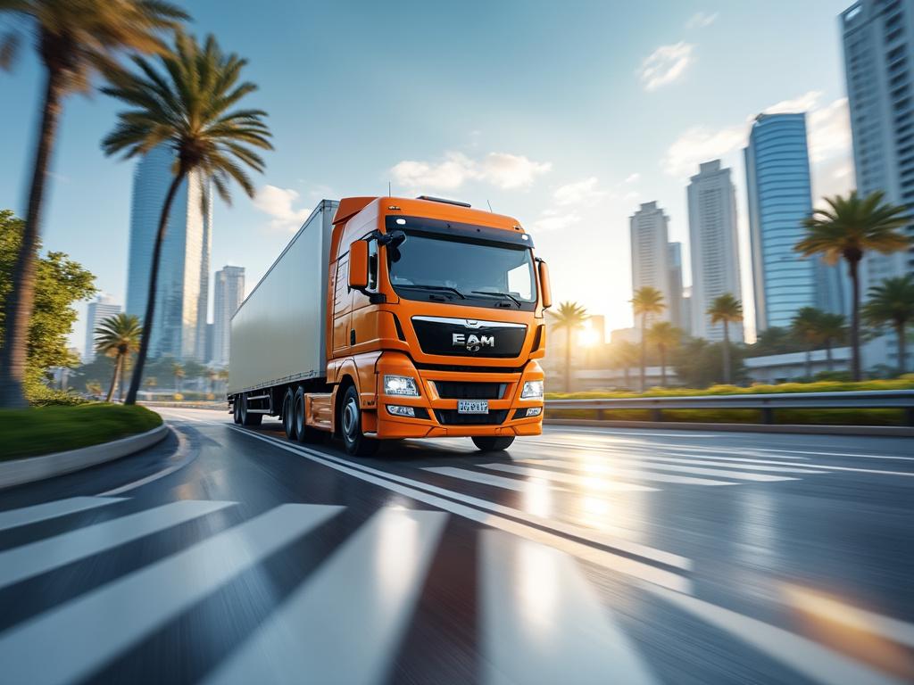 Camión naranja grande en carretera urbana con rascacielos y palmeras al atardecer.