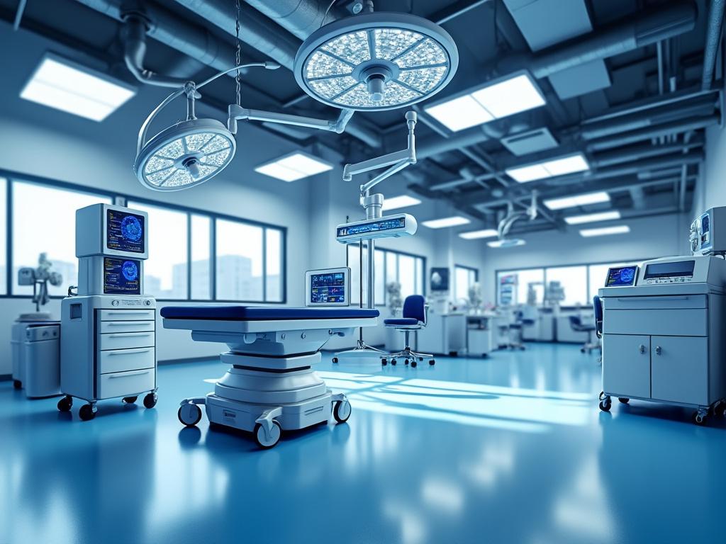 Sala de cirugía moderna con equipos médicos avanzados y luces quirúrgicas.