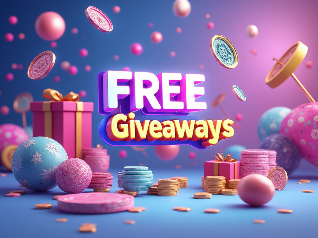 Colorful graphic with floating coins, pink and blue wrapped gifts, festive decorations, and bold 3D text saying 'FREE Giveaways' on a vibrant background.