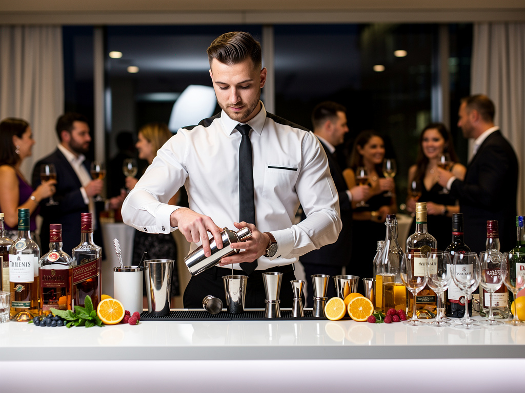 Professional bartender mixing cocktails at upscale event bar with liquor bottles, fresh fruit, and guests in background