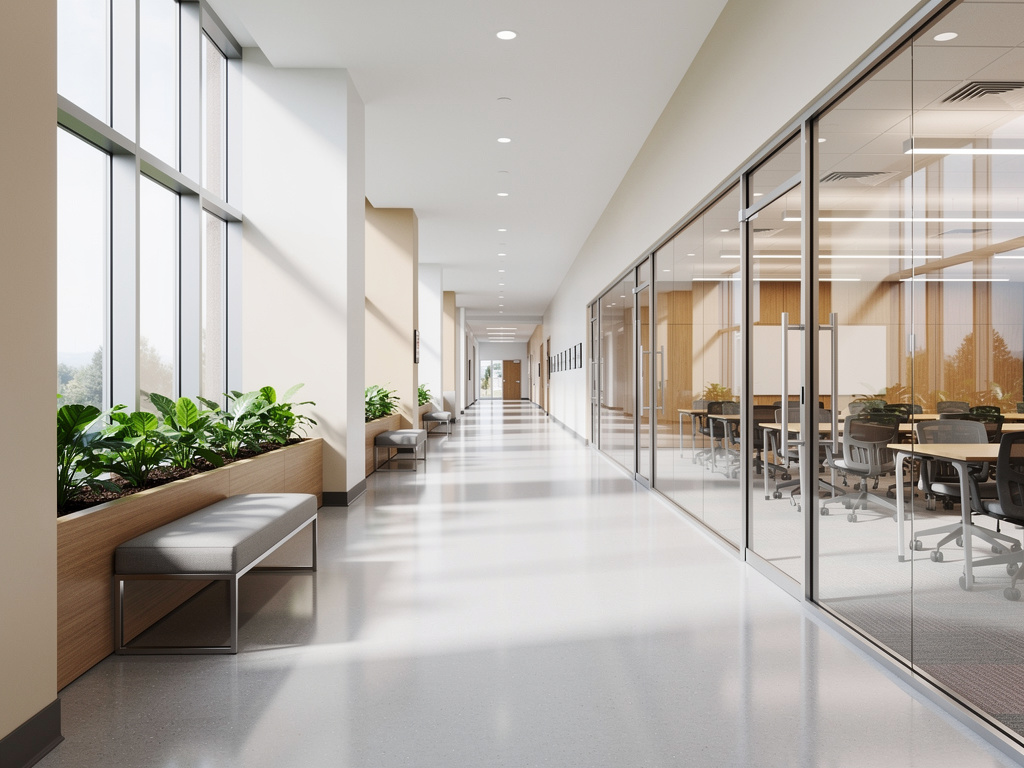 Pasillo moderno de oficina con salas de reuniones acristaladas, grandes ventanales, plantas interiores y bancos