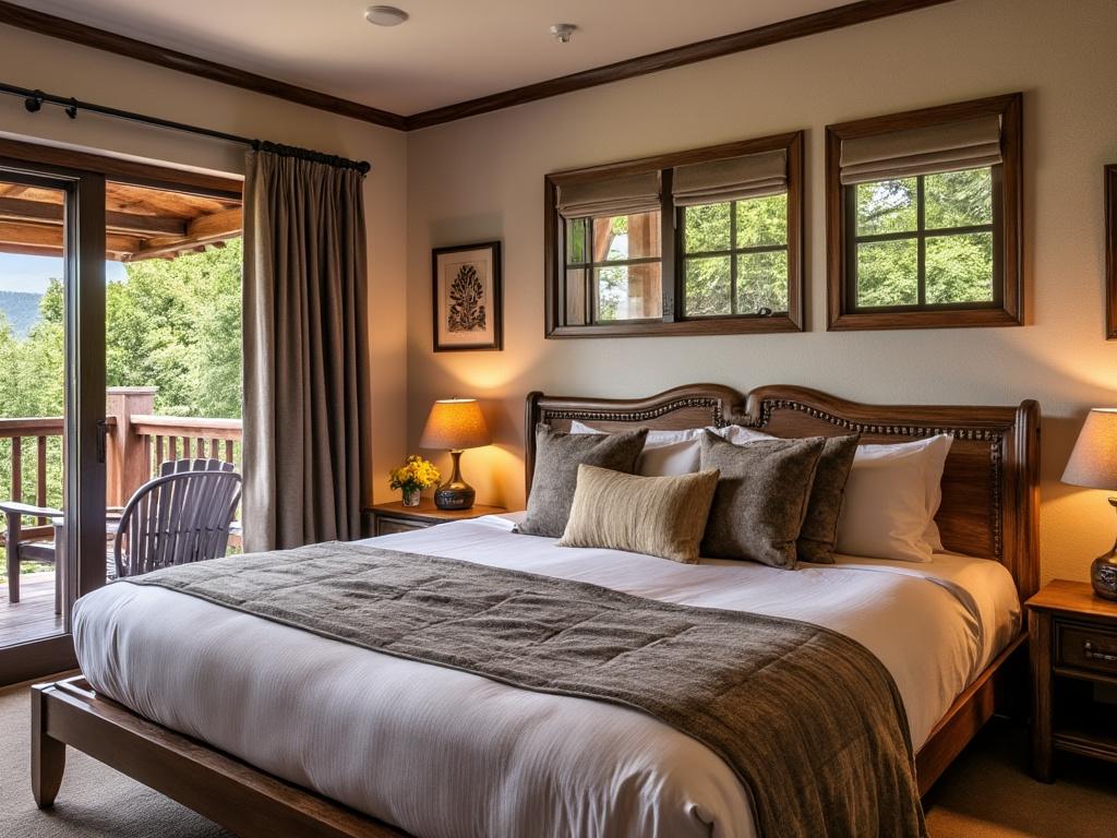 Habitación acogedora con cama grande cubierta de cojines y manta, ventanas con vista al bosque, luces de lámparas encendidas y puerta al balcón.
