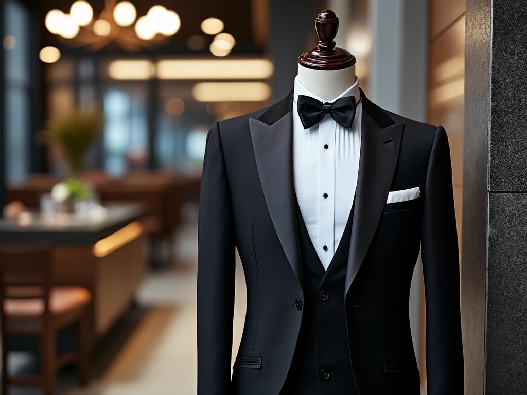 Maniquí con esmoquin elegante en un entorno de tienda de ropa iluminada.