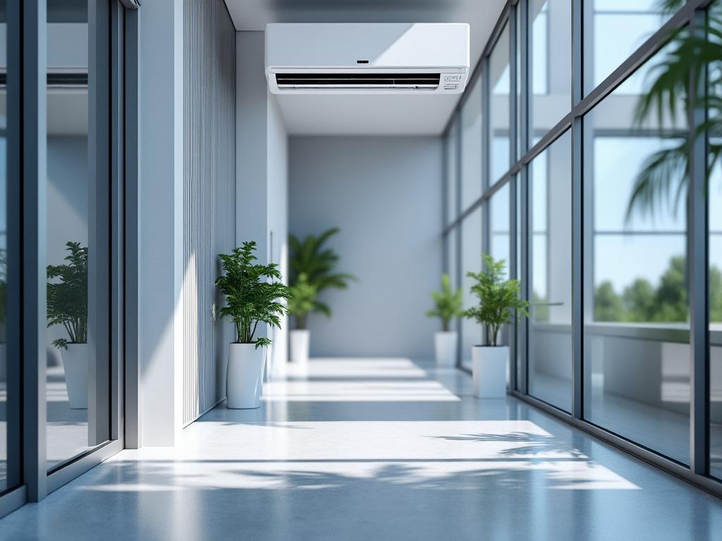 Pasillo moderno con aire acondicionado en la pared y plantas en macetas junto a ventanas grandes.