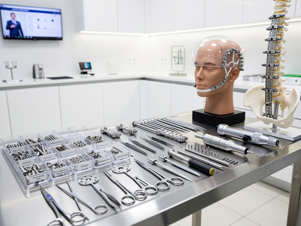 Instrumental quirúrgico ortopédico con implantes, tornillos, modelo de cráneo y columna vertebral en laboratorio médico