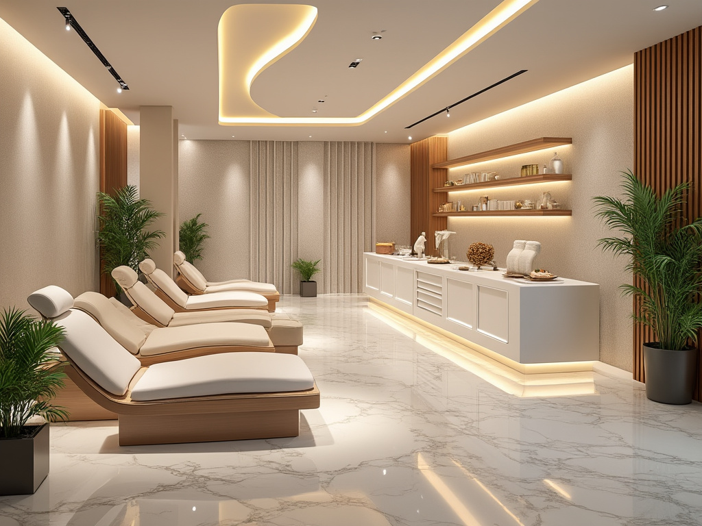 Elegante sala de spa con sillones reclinables, decorada con plantas y estanterías iluminadas en un ambiente moderno y relajante.