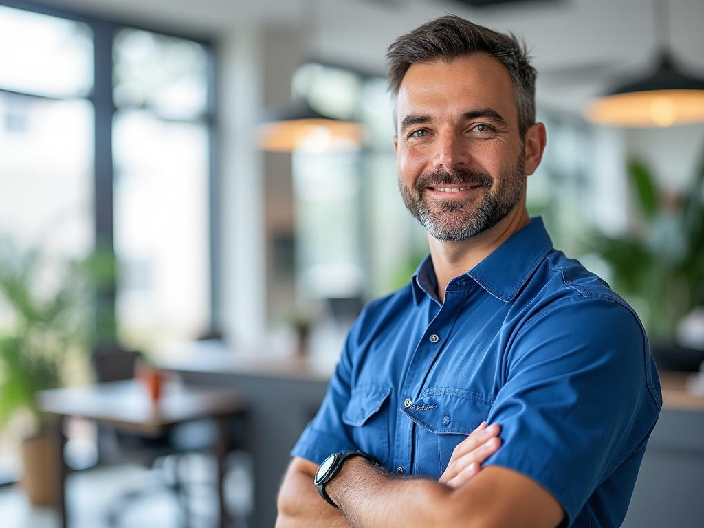 Hombre con camisa azul sonriente en oficina moderna con ventanas grandes y luz natural.