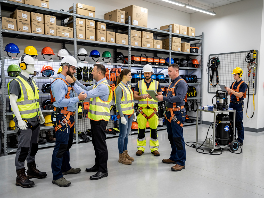 Equipo de trabajadores con EPI revisando arneses, cascos y material de seguridad industrial en almacén