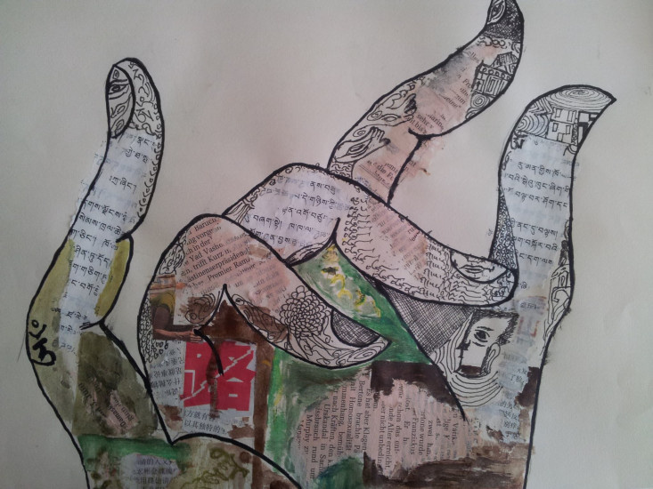 Hand, ink, watercolor and collage, 30 X 40cm