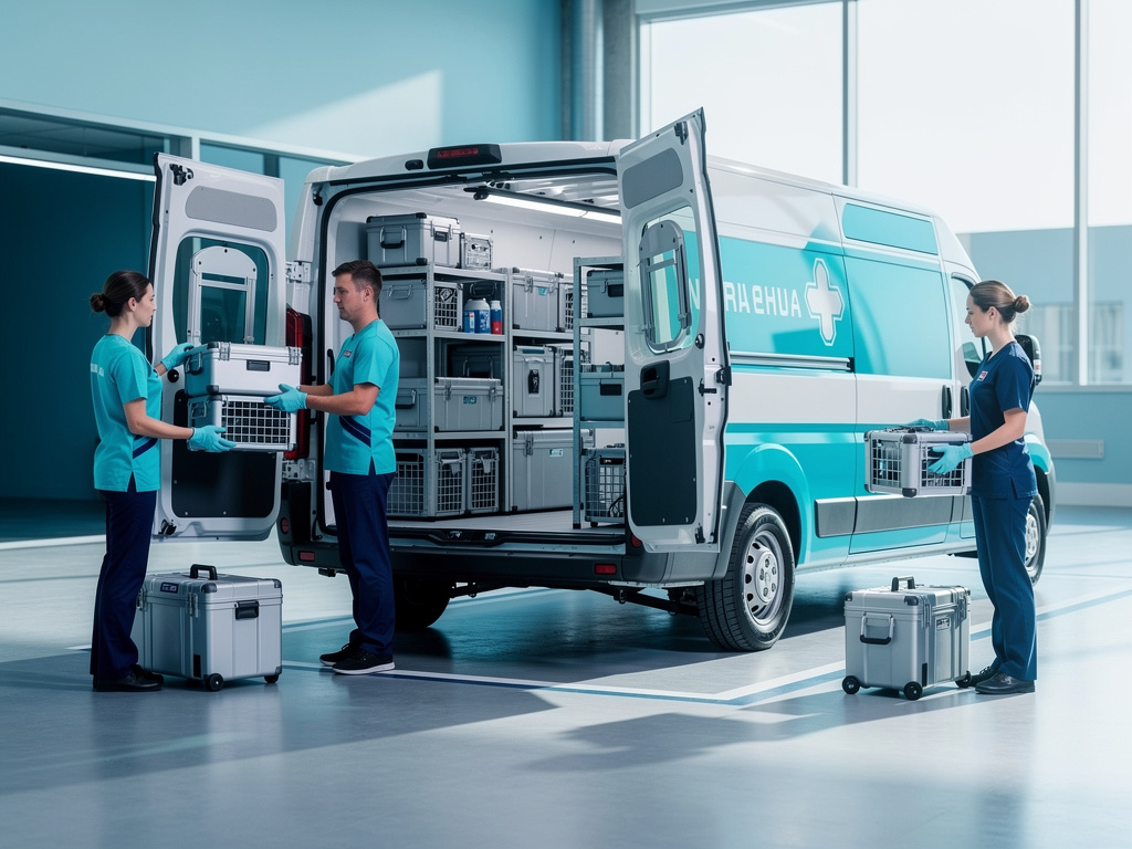 Personal médico cargando equipos y suministros en una ambulancia moderna dentro de un hospital