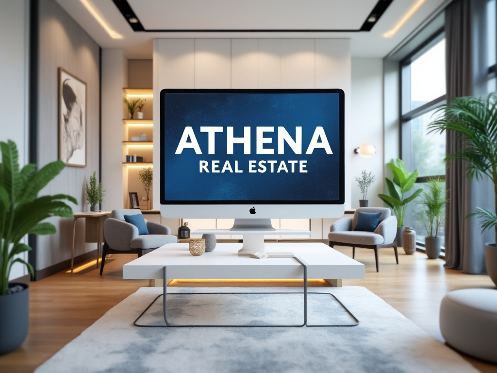 Oficina moderna con un ordenador iMac mostrando el logo de Athena Real Estate; decoración elegante con plantas y sillas de diseño.