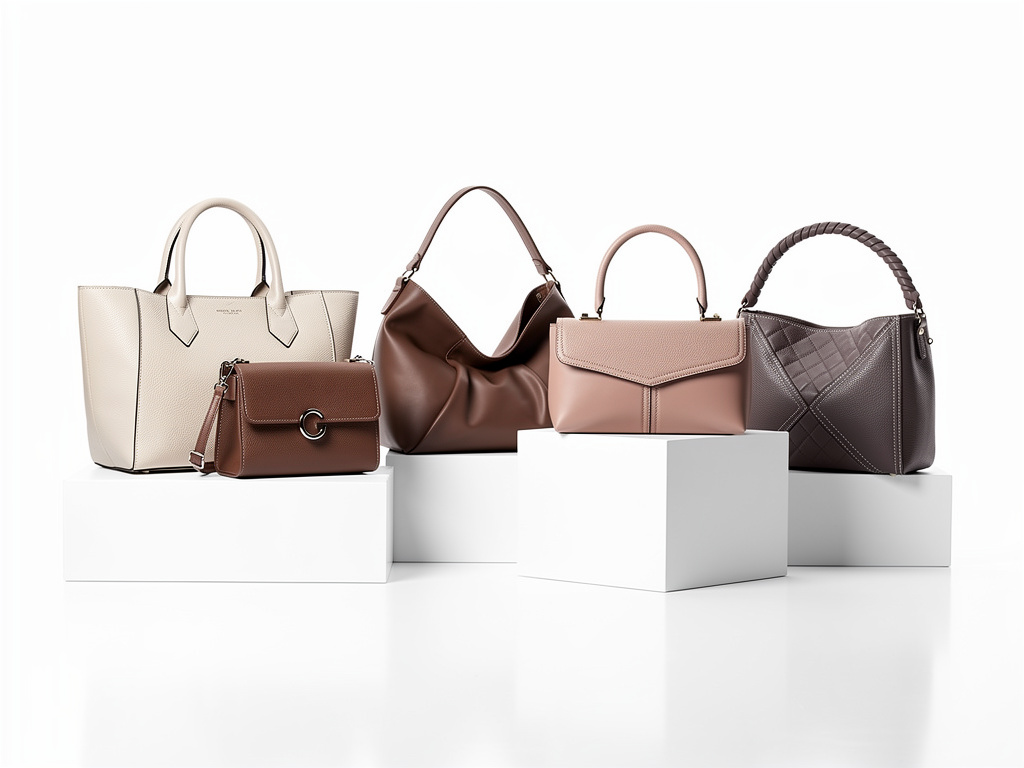 Luxury women's handbags collection in neutral tones displayed on white podiums Luxury women's handbags collection in neutral tones displayed on white podiums