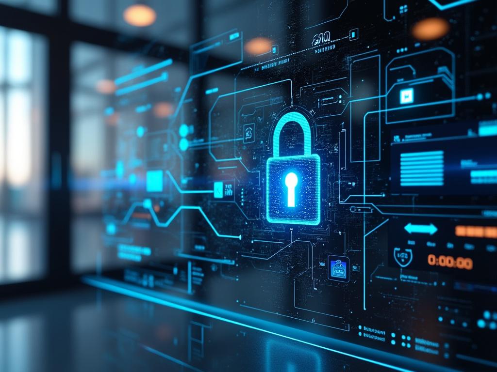 Pantalla de computadora mostrando un candado digital luminoso, simbolizando seguridad cibernética.