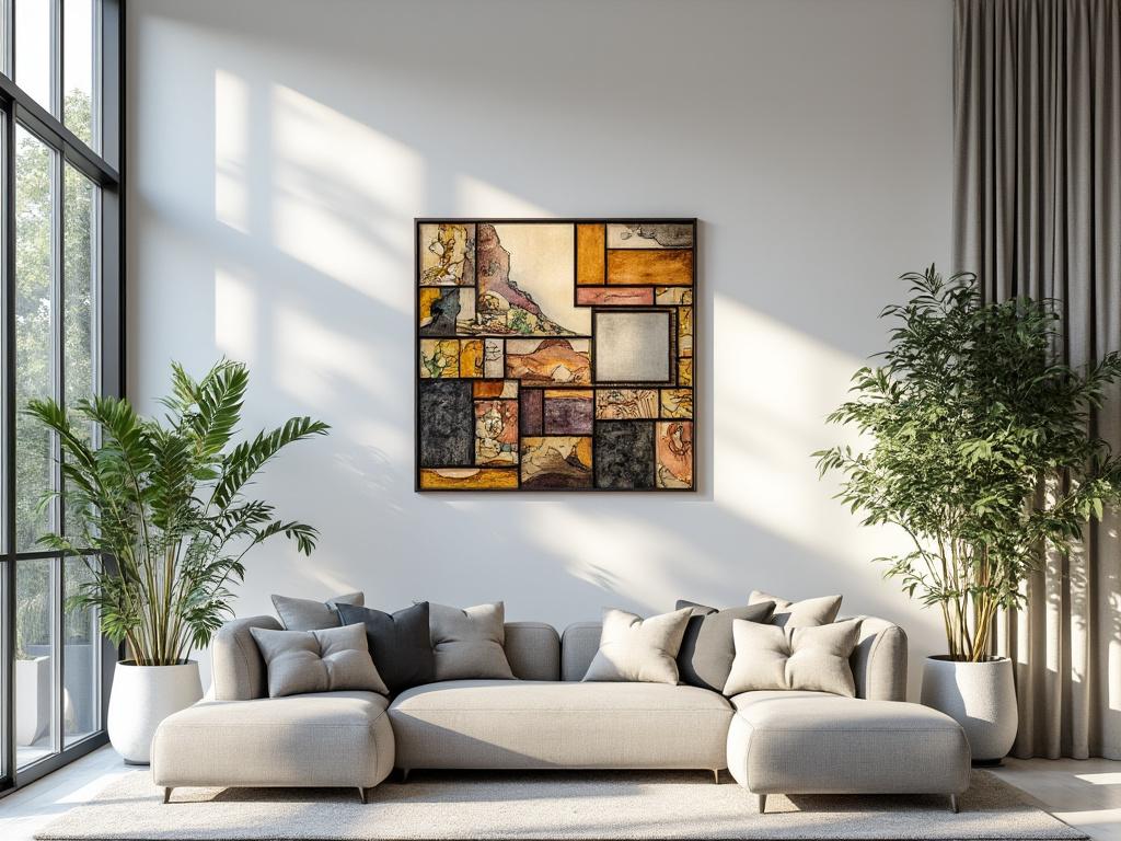 Sala moderna con sofá gris, plantas en macetas junto a una ventana grande y una obra de arte colorida en la pared.