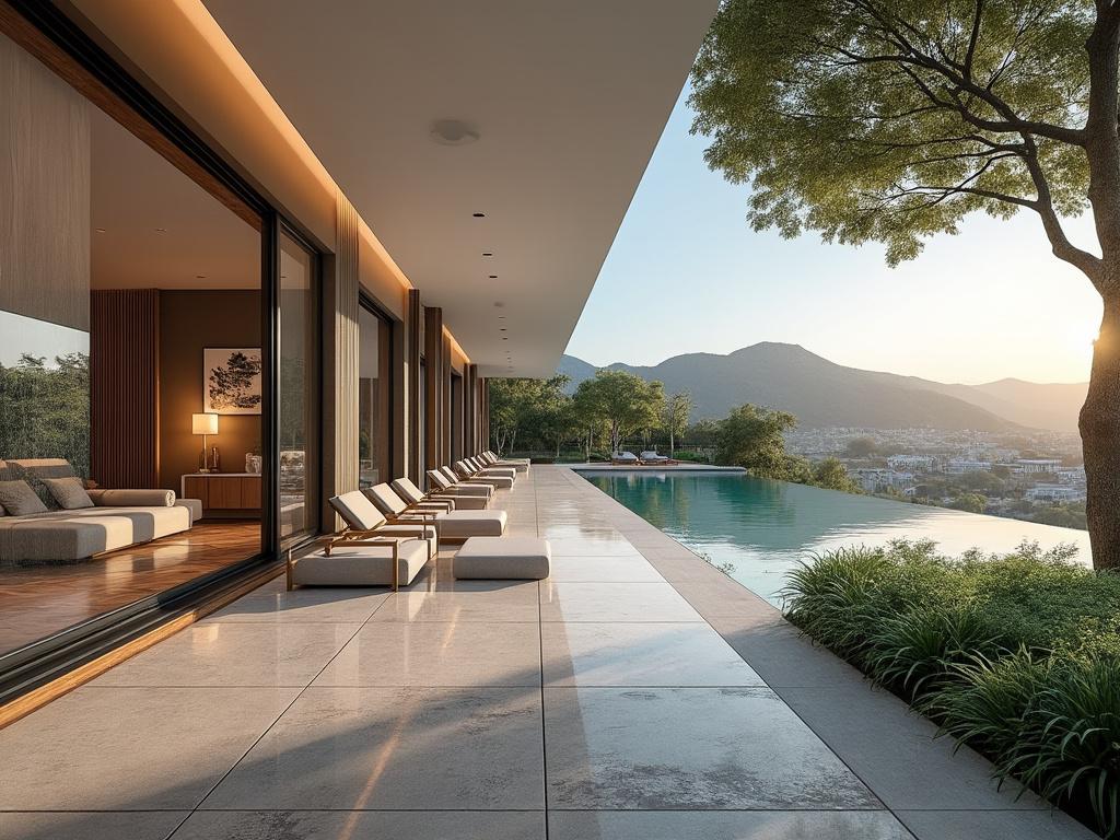 Moderna villa con terraza y piscina infinita, vistas panorámicas a las montañas y mobiliario elegante.