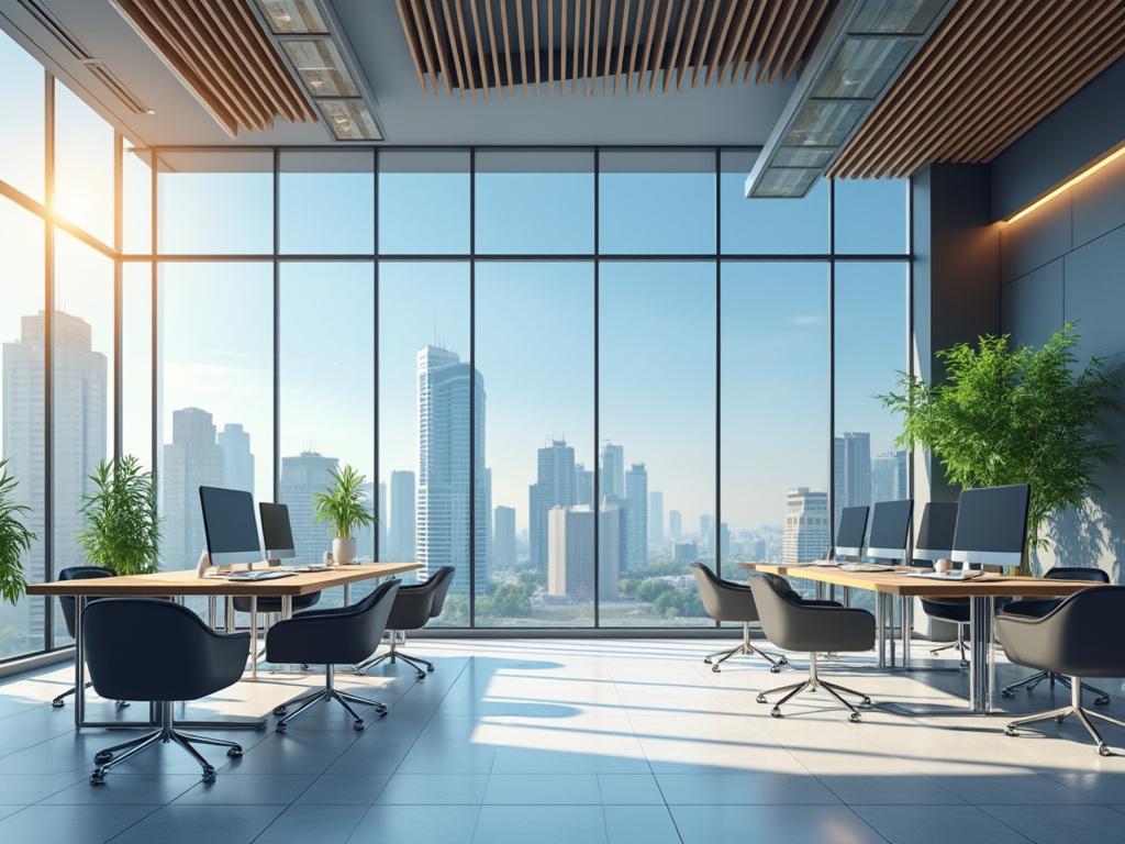 Oficina moderna con grandes ventanales, mesas de trabajo con computadoras y plantas, vista a la ciudad.