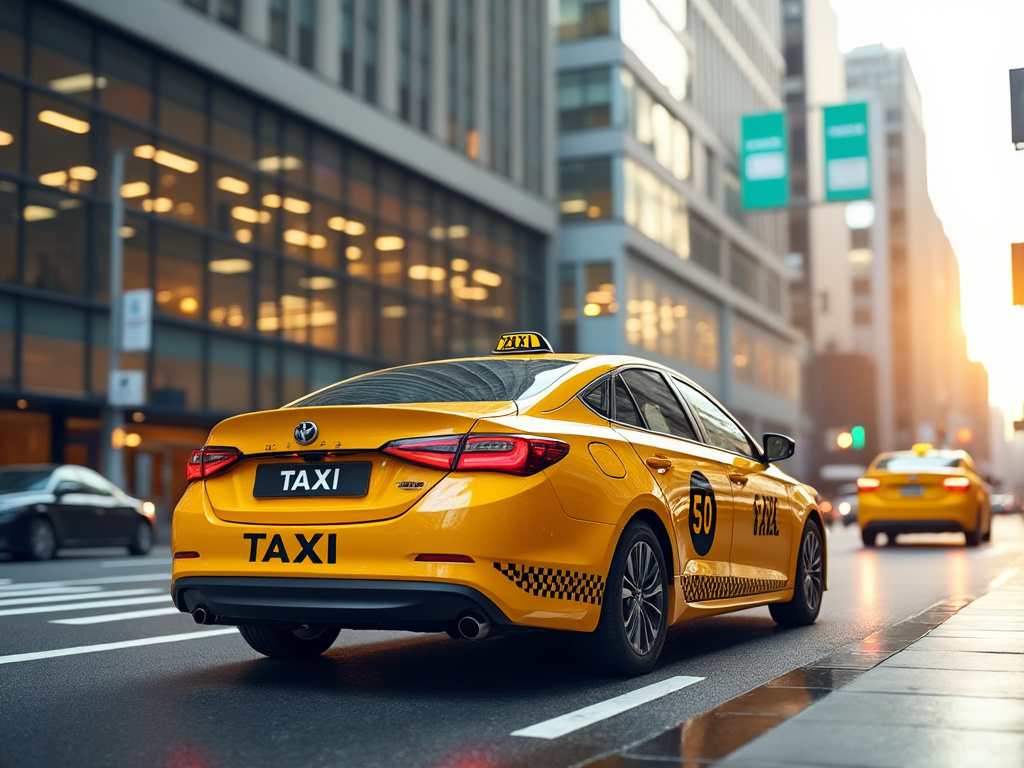 Taxi amarillo circulando por una calle de la ciudad al atardecer, con edificios altos y coches en el fondo.