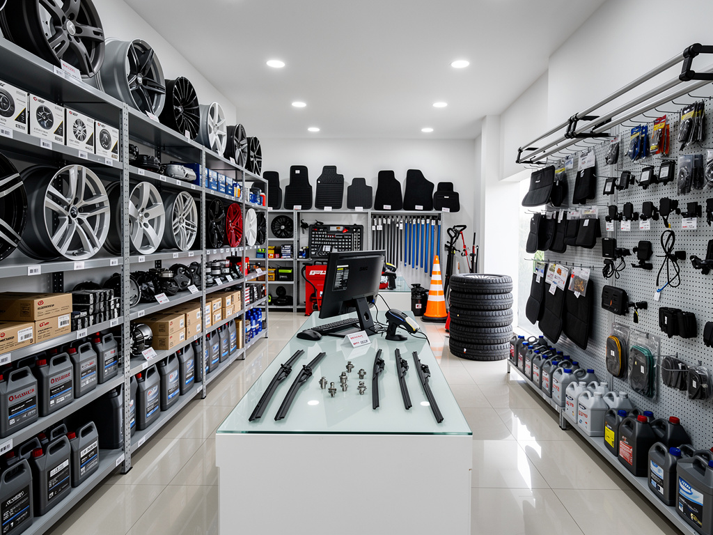 Tienda de repuestos y accesorios para automóvil con llantas, aceites, alfombrillas y neumáticos en exhibición