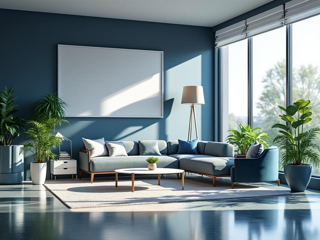 Sala de estar moderna con sofá azul, plantas en macetas y gran ventanal. Sala de estar moderna con sofá azul, plantas en macetas y gran ventanal.