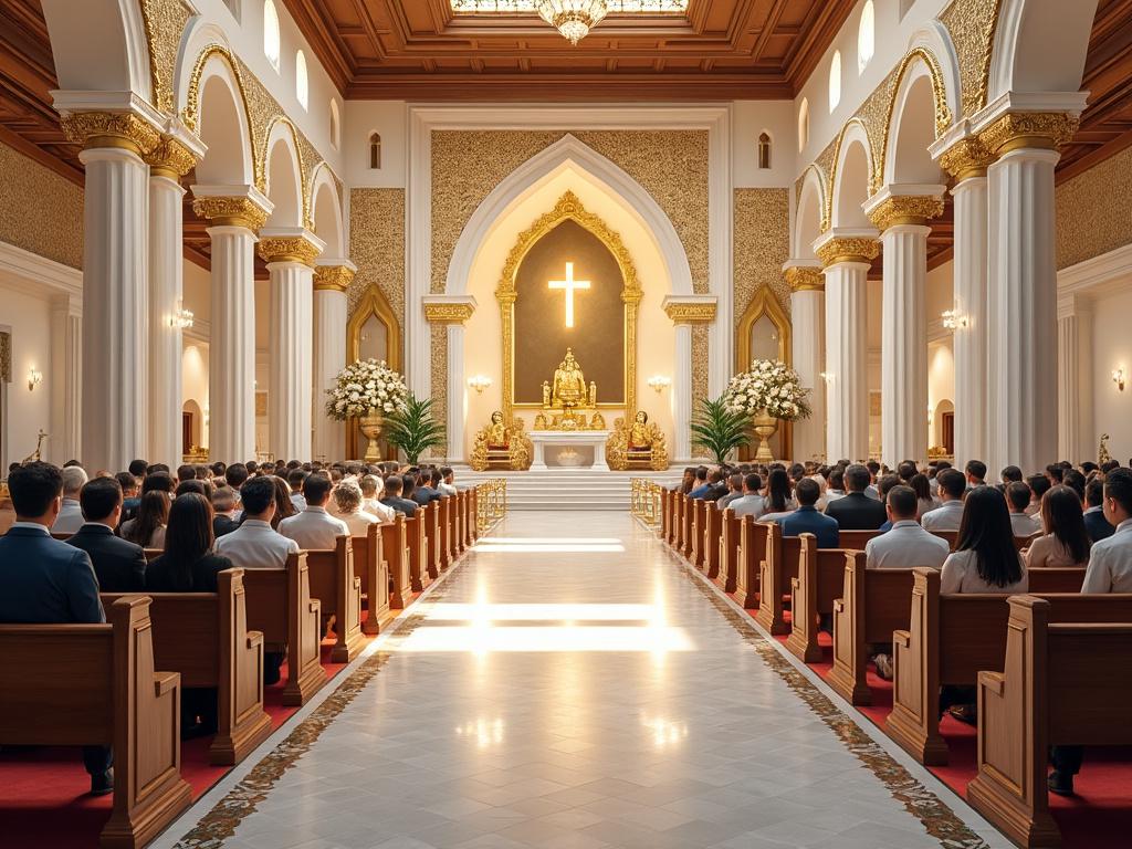 Interior de una iglesia con feligreses sentados, grandes columnas y altar adornado con cruz y flores blancas.