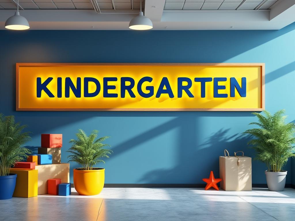 Cartel de 'Kindergarten' en pared azul con plantas y bloques coloridos.