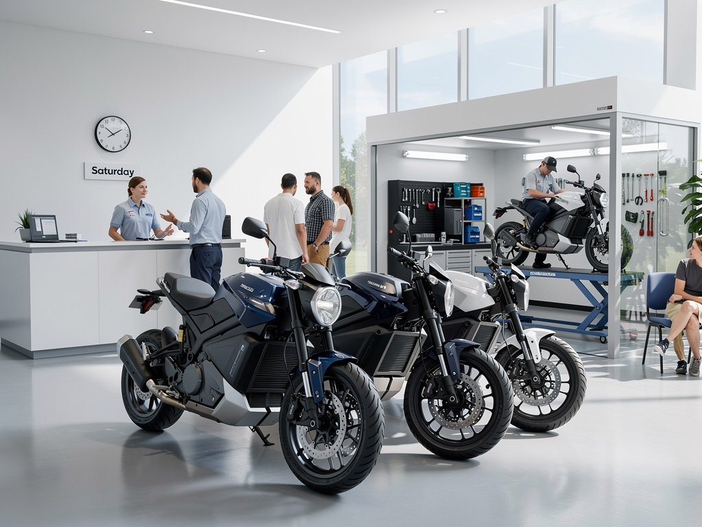 Concesionario moderno de motocicletas eléctricas con varios modelos en exhibición, recepción con clientes y taller de servicio al fondo Concesionario moderno de motocicletas eléctricas con varios modelos en exhibición, recepción con clientes y taller de servicio al fondo