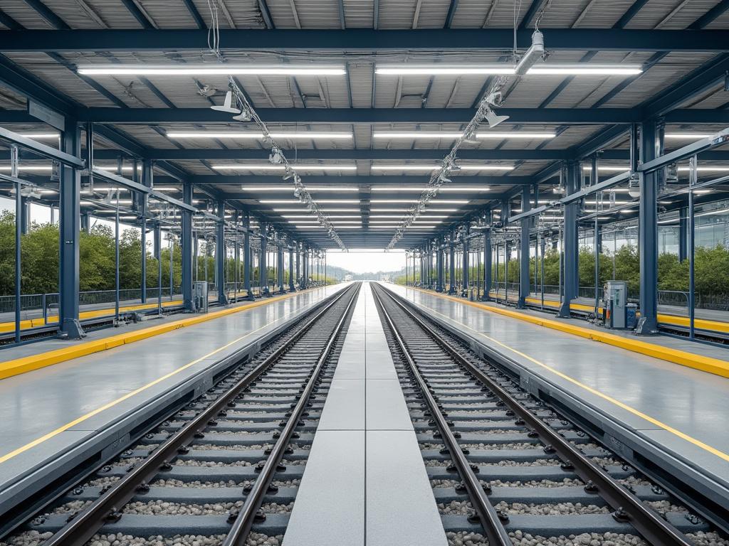 Estación de tren moderna con andenes vacíos y líneas de ferrocarril paralelas bajo estructura de techo con iluminación.