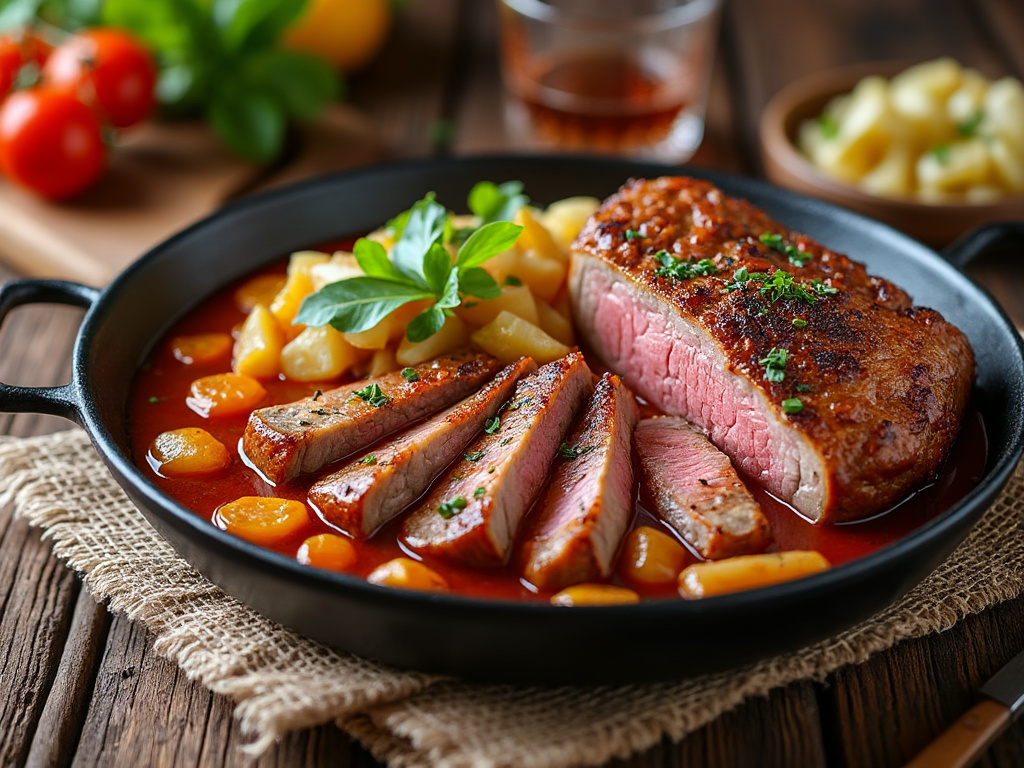 Jugosa carne de res fileteada servida en sartén con papas y zanahorias, adornada con hierbas frescas.