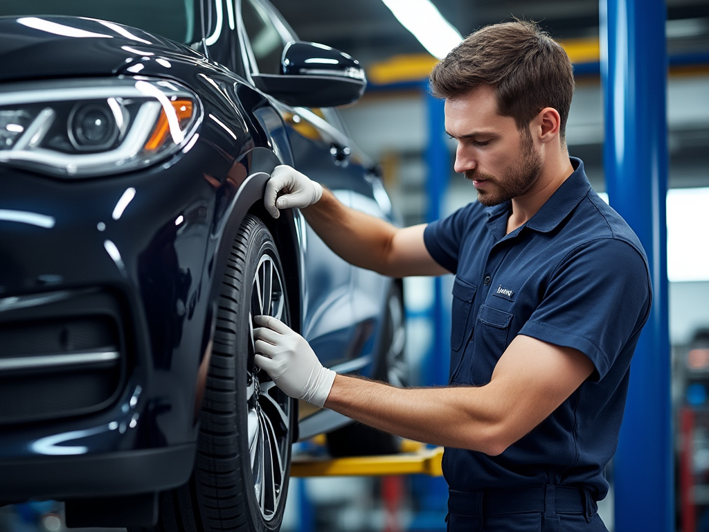 Mecánico revisando neumático de un automóvil en taller. Mecánico revisando neumático de un automóvil en taller.