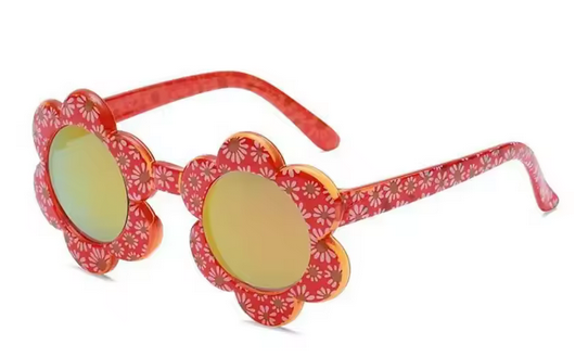 Kindersonnenbrille mit Blumenmuster. Regenbogen und bunt. Schöne runde Rahmen. Brille für Babys, Jungen und Mädchen