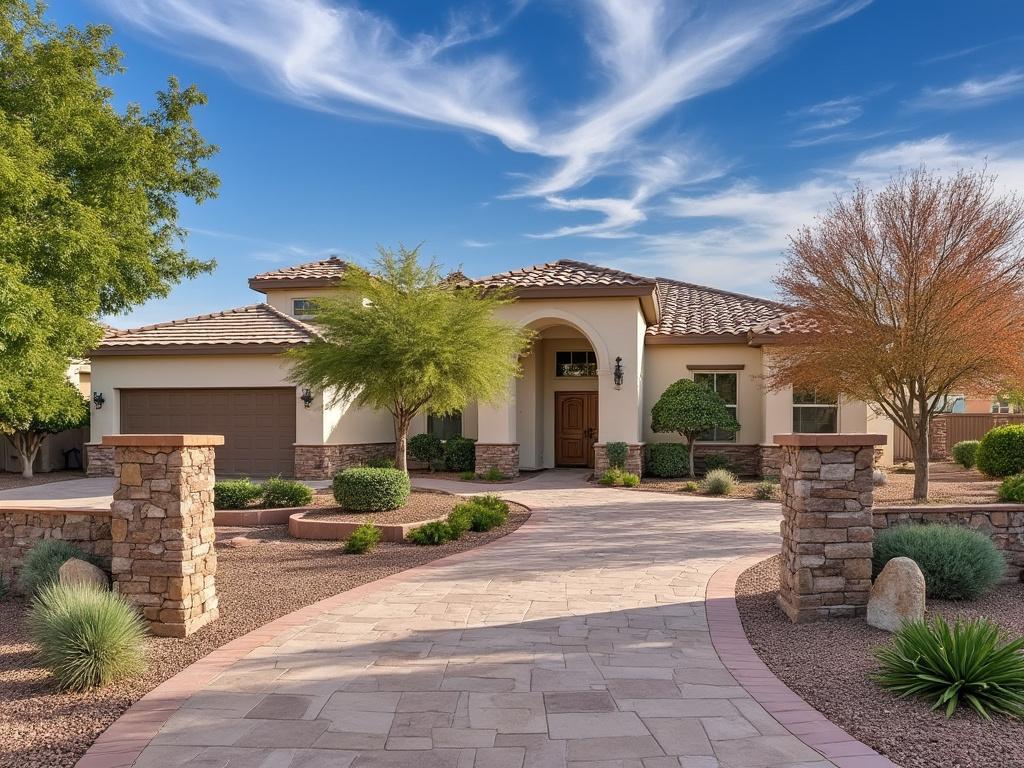 Modern suburban house with tiled roof, landscaped front yard, stone pathway, and clear blue sky.
