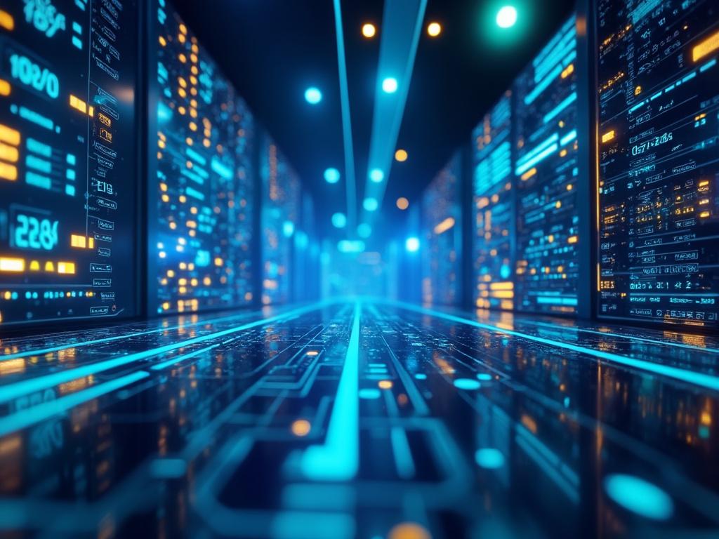 Centro de datos moderno con servidores iluminados en tonos azules y naranjas, mostrando paneles de información digital.