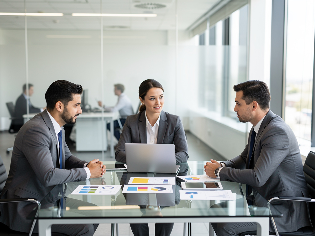 Equipo de negocios en reunión corporativa con portátil y gráficos en oficina moderna