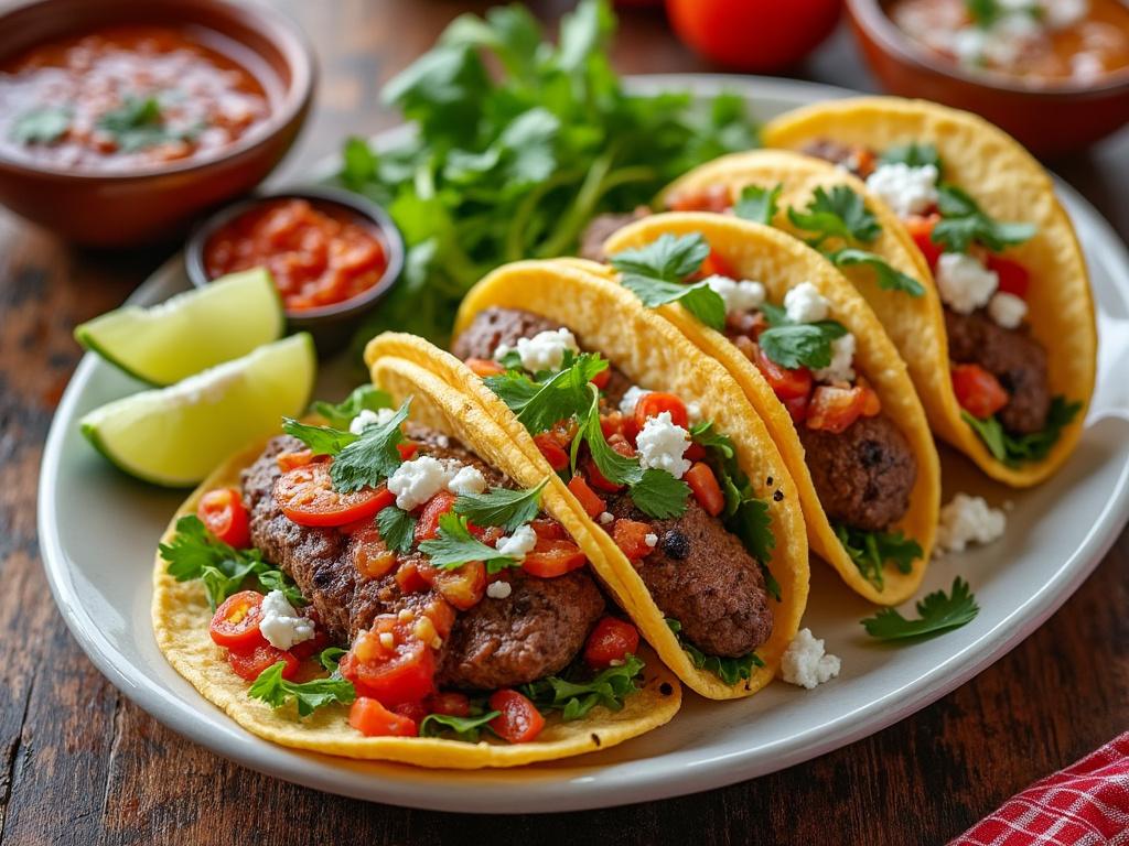 Tacos de carne con tomate, cilantro y queso en plato blanco, acompañados de salsa y limón sobre mesa de madera.