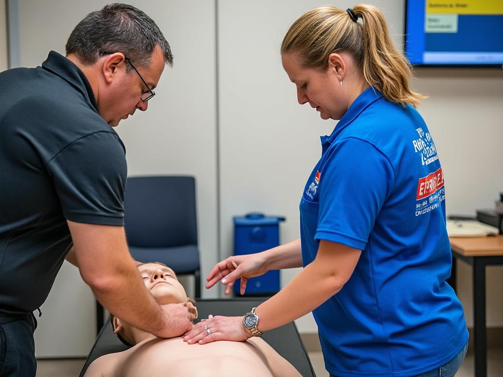 Two people performing CPR training on a manikin in a classroom setting.