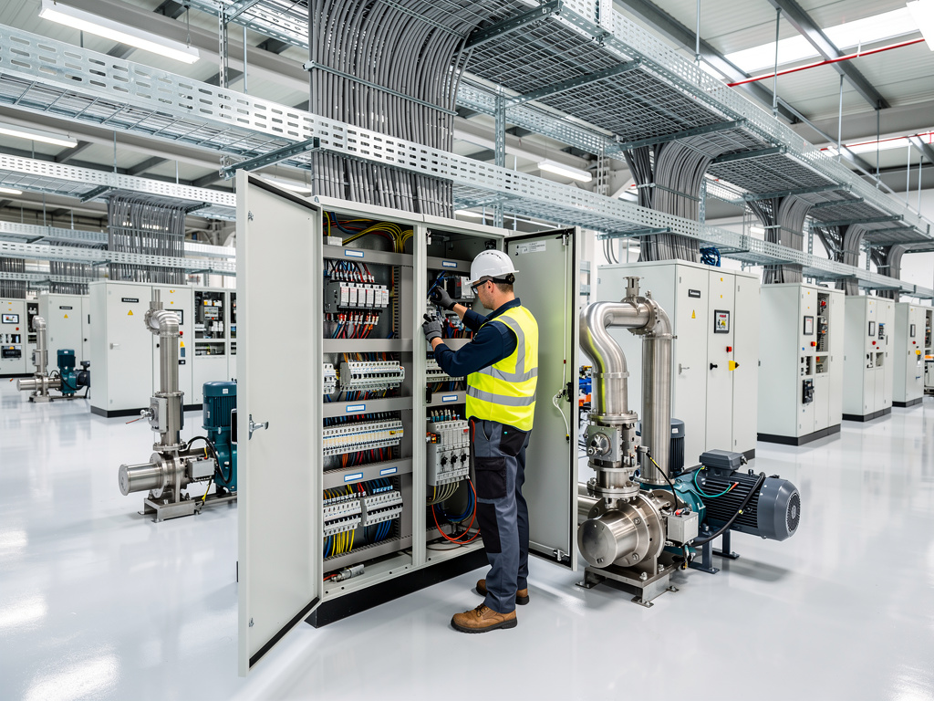 Técnico electricista revisando panel de control industrial en sala de máquinas con cableado, bombas y bandejas portacables