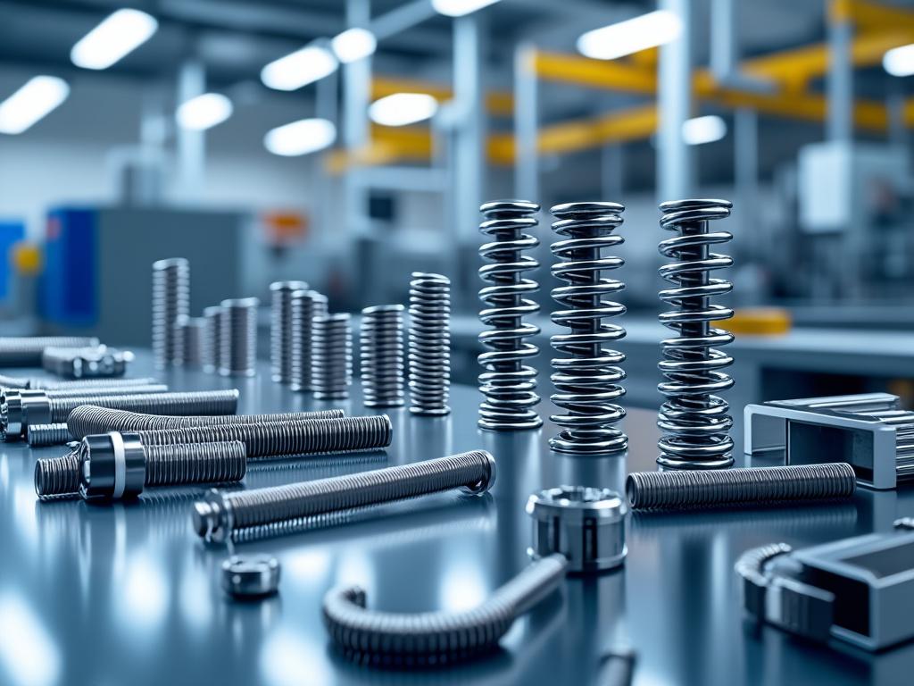 Mesa de trabajo en fábrica con resortes de metal y piezas industriales organizadas en un entorno de producción moderno.