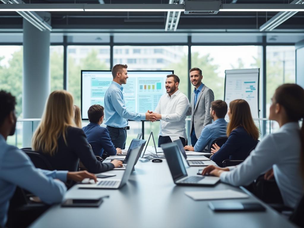 Personas en una reunión de negocios con presentación en pantalla, resaltando el apretón de manos entre dos hombres.