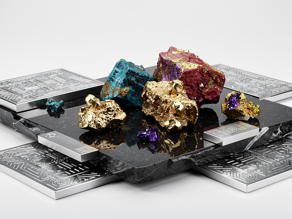 Rocas minerales brillantes de oro, azul y púrpura sobre base de mármol negro con placas metálicas decorativas