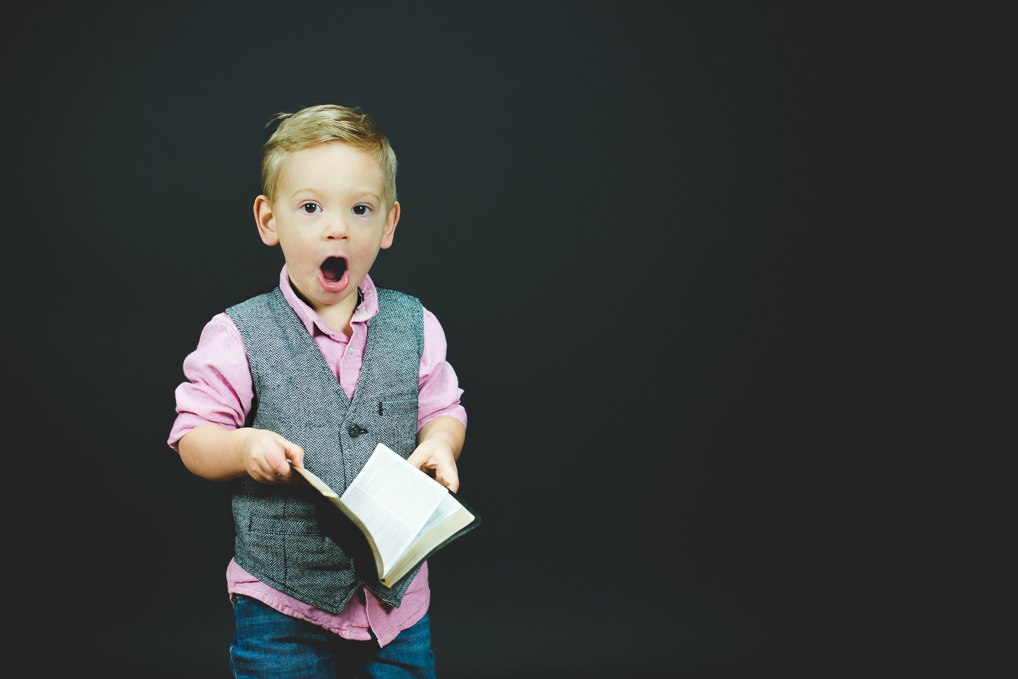 niño vistiendo chaleco gris y camisa de vestir rosa sosteniendo un libro